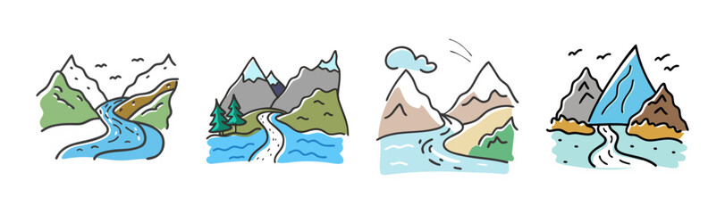 Hand-drawn collection of picturesque mountain landscapes with winding rivers