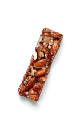 Sweet nutty caramel bar with puffed rice on a white background.