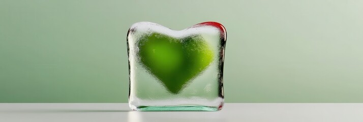 A heart-shaped glass vase holds a green object, creating a beautiful and symbolic still life