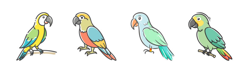 A collection of colorful cartoon parrots in various hues and cheerful poses