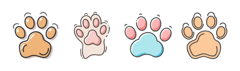 Cute cartoon animal paw prints set in various colors with a playful sketch style