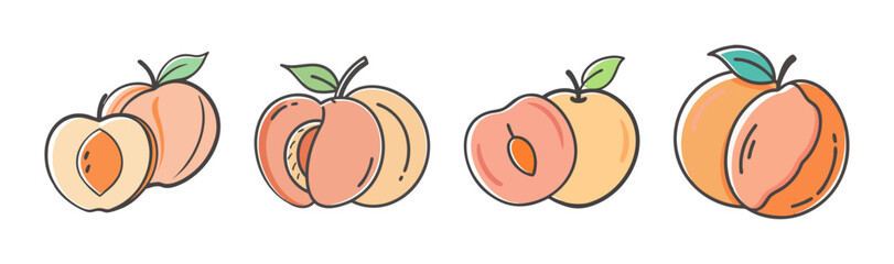 Delicious and ripe peaches with fresh green leaves in a delightful cartoon illustration