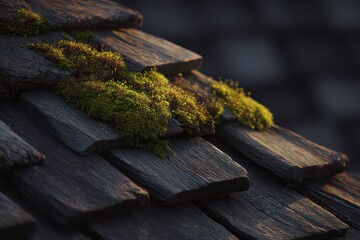 Close Up of Weathered Wooden Shingles Covered in Green Moss Lit by Warm Golden Light