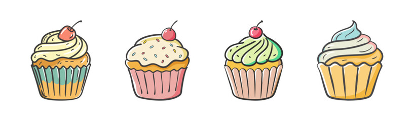 A delightful collection of four hand-drawn cupcakes with colorful frosting and cherries