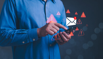 Urgent alert phishing email threats and scam warnings for online protection against fraud attacks in digital communication environment