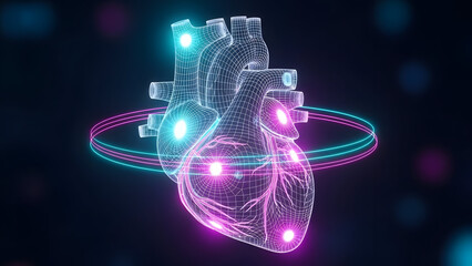 Glowing digital heart with neon circuitry and data visualization