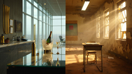 Social inequality and corruption concept contrast between luxury penthouse with champagne and abandoned decaying room with sun rays