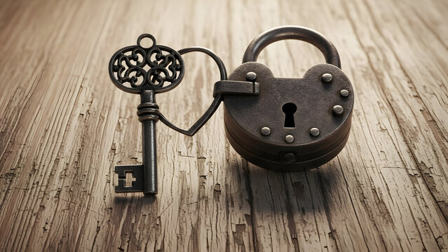 Vintage lock and key on wooden surface