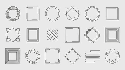 Collection of various geometric shapes and patterns in black and white line art style