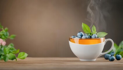 Warm blueberry tea in a cozy cup, steaming gently, with fresh blueberries and leaves, on a rustic wooden table