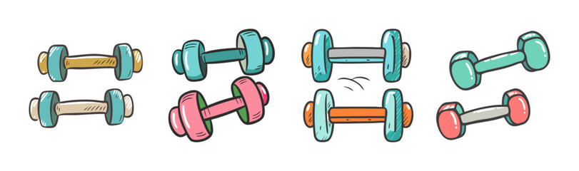 A vibrant collection of colorful cartoon dumbbells for fitness, exercise, and strength training