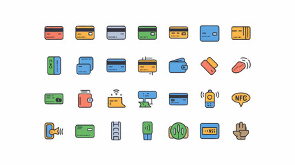 Colorful icons representing various objects and activities, including food, electronics, and household items, isolated on