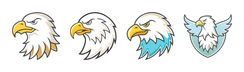 Collection of cartoon eagle head mascots with varying details and a shield emblem