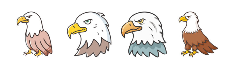 Collection of cartoon bald eagles showcasing different views and color variations