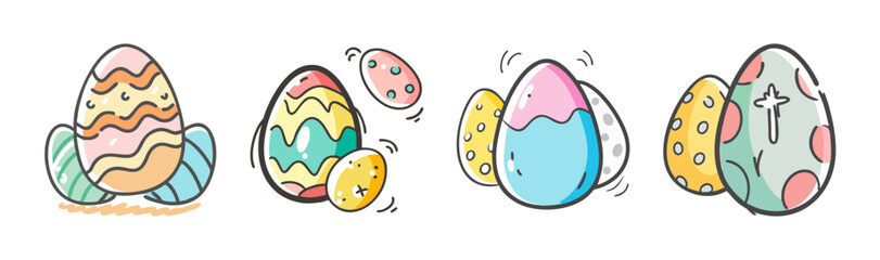 Collection of vibrant and playfully decorated easter eggs in a cute doodle style
