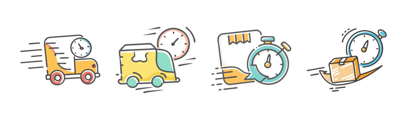 Fast delivery and shipping service concepts illustrated with speedy vehicles and time indicators