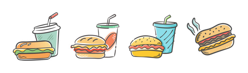 A delightful collection of hand-drawn fast food items including burgers and refreshing drinks