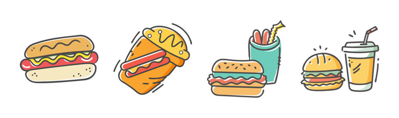 A vibrant illustration of popular fast food staples: hot dogs, hamburgers, french fries, and refreshing beverages