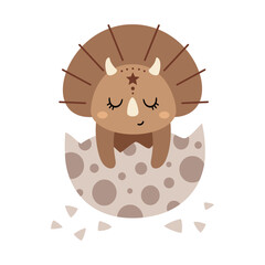 Cute dinosaur triceratops in egg, isolated prehistoric animal clipart in pastel color. Vector graphics