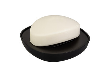 Minimalist Black Soap Dish with Bar of Soap on White Background
