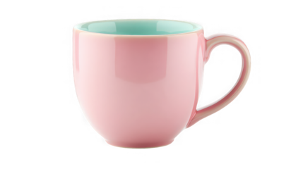 Glossy pink ceramic coffee mug with a contrasting light blue interior for design