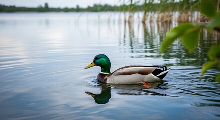 Obraz premium A vibrant male waterfowl glides serenely on calm water, with reeds and a blurred landscape in the background, a moment captured