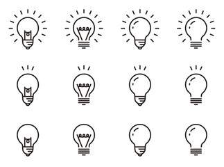 電球のアイコンセット。アイディアやひらめきのイラスト。ランプのロゴ。Light bulb icon set.