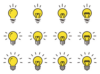 電球のアイコンセット。アイディアやひらめきのイラスト。ランプのロゴ。Light bulb icon set.