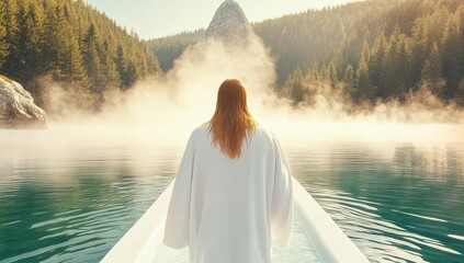 A woman in a white robe walks on a wooden dock over a misty lake towards a mountain