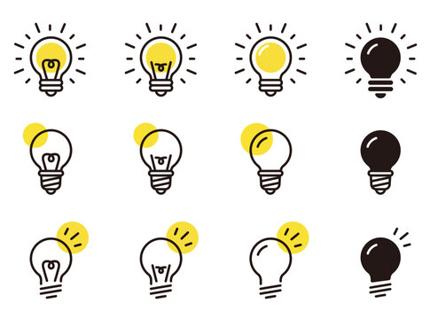 電球のアイコンセット。アイディアやひらめきのイラスト。ランプのロゴ。Light bulb icon set.