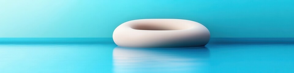 A smooth, off-white, donut-shaped object floats serenely on a turquoise surface, creating a minimalist, abstract scene