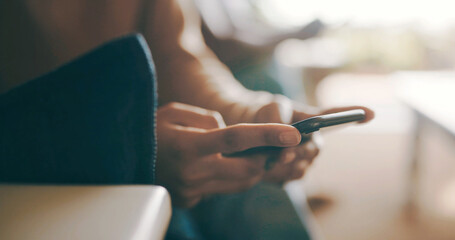 Home, hands and woman with smartphone, internet and message to contact, social media and texting....