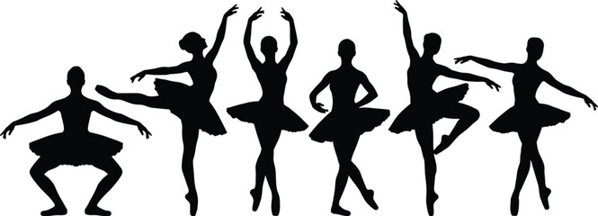 Ballet dancer silhouettes set showing classical poses arabesque pirouette plié tutu black white elegant illustration collection © imtiyaj
