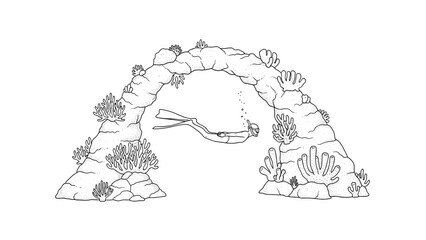 Fototapeta premium Scuba diver exploring underwater rock arch with coral in linear design