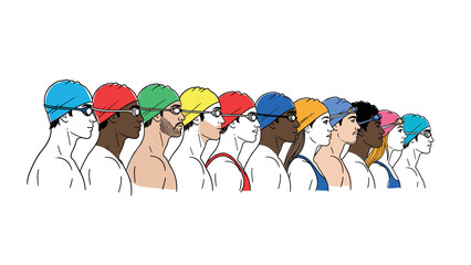 Diverse group of swimmers in profile with colorful caps and goggles