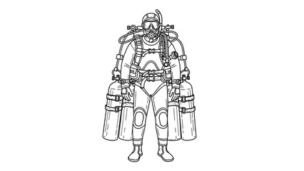 Fototapeta premium Detailed outline of technical scuba diver with gear and oxygen tanks