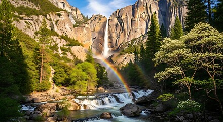 A vibrant natural landscape featuring a cascading waterfall, a colorful rainbow, and lush greenery amidst towering rock formations