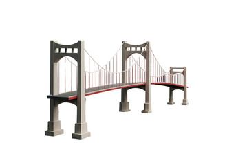 A stylized 3d model of a suspension bridge with iconic red and gray design elements