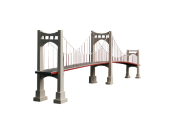 A stylized 3d model of a suspension bridge with iconic red and gray design elements