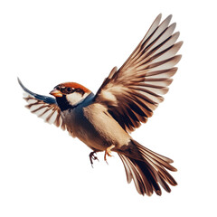 A bird is in the air with its wings spread and a worm in its beak, showing its skill in catching food