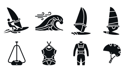 Fototapeta premium Windsurfing elements collection: black silhouettes of gear and action