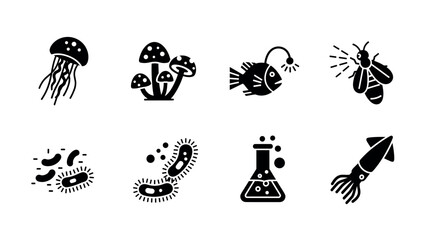 Obraz premium Black silhouette science icons: marine life, microbes, chemistry