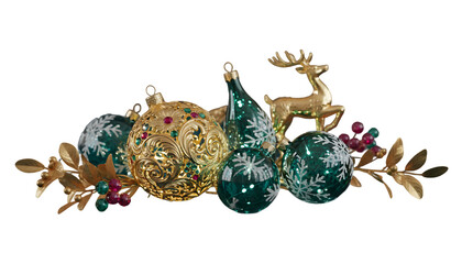 Elegant christmas centerpiece featuring gold reindeer, green ornaments, and festive berries