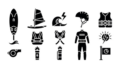 Water sports gear and safety icons in bold silhouette design