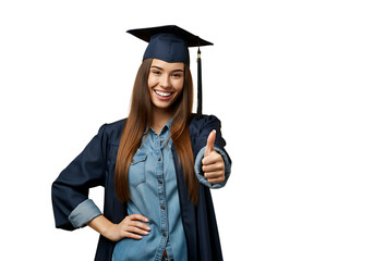 A cheerful young woman in a graduation cap and gown gives a thumbs up