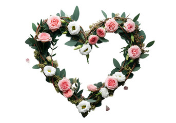 A beautiful heart-shaped wreath made of pink roses and white flowers on a black background