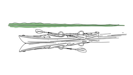 Kayaking adventure on tranquil lake: minimalist line art scene