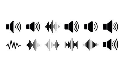 Audio sound icons set: speaker and wave symbols in minimal silhouette style