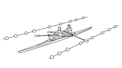 Linear drawing of two rowers in a racing canoe with water waves