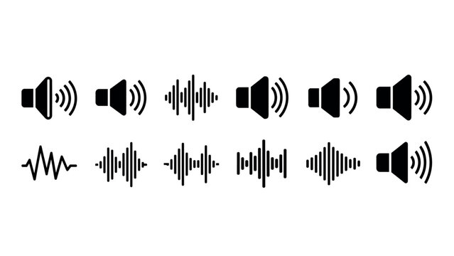 Audio sound icons set: speaker and wave symbols in minimal silhouette style